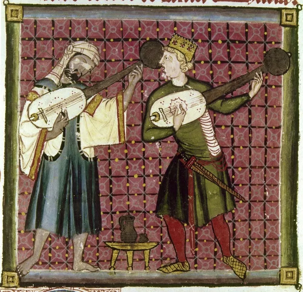 A medieval illumination of European and Islamic musicians playing stringed instruments, from the Cantigas de Santa María